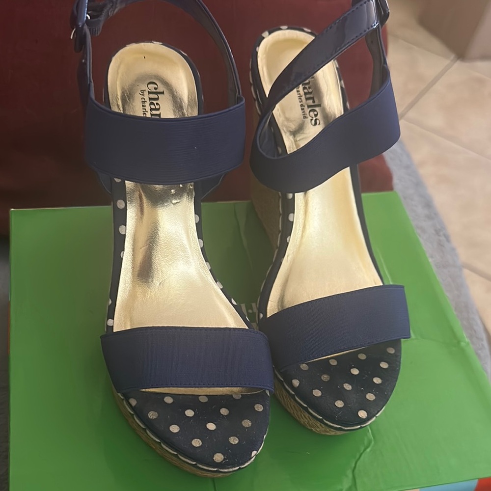 Charlies Blue and White Wedge Sandals with Polka Dot Design